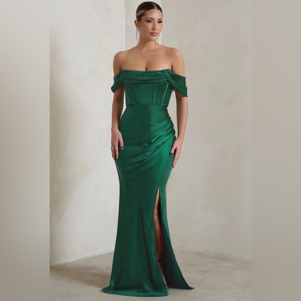 Kimberley Bottle Green Bardot Fishtail Satin Maxi Dress | Club L London | US 2 - Picture 2 of 13
